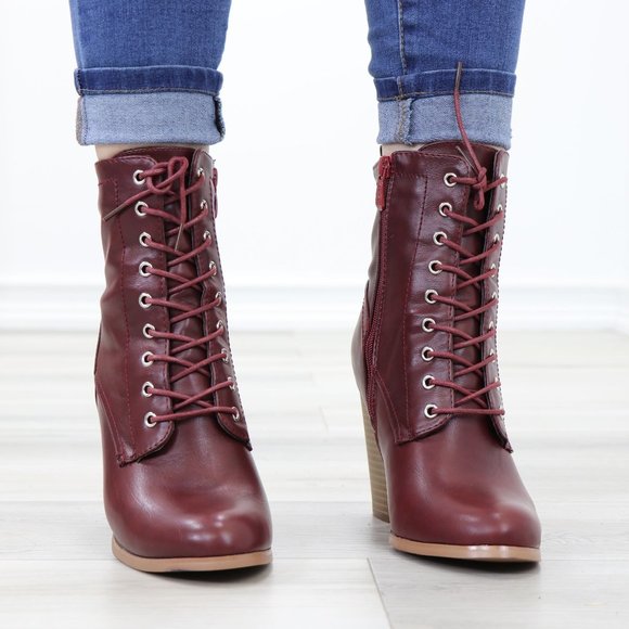 Lace-Up Block Cone High Heeled Ankle Boots Synthetic Leather - Picture 4 of 11